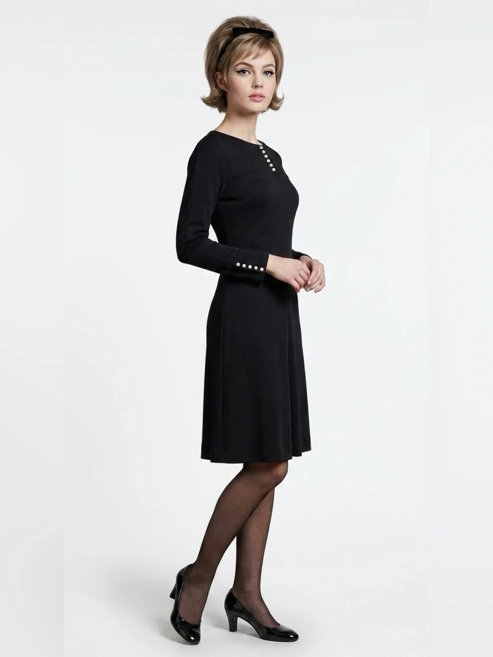 Vintage Mort Schrader Black Long Sleeve, Crystal Buttons Dress, Size 8